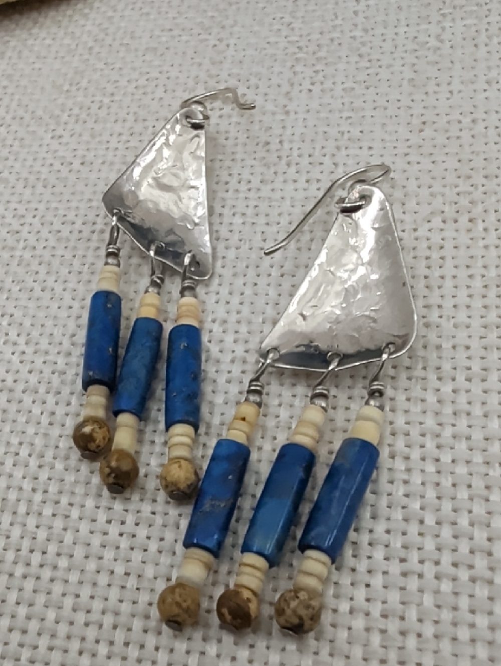 Vintage Sterling 925 Lapis Southwestern Fringe Long Drop Earrings Boho 1990s - Picture 11 of 17